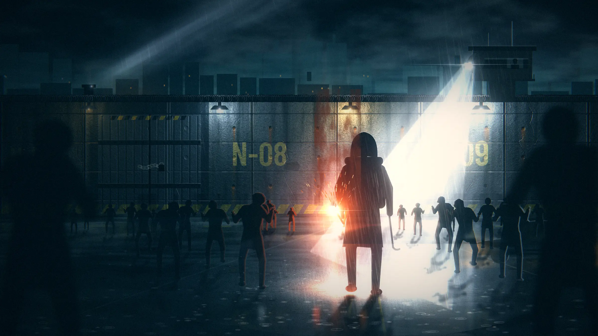 A lone survivor in a hooded coat walks towards a concrete wall marked N-08, a searchlight cutting through the rain and the sick gathering in the dark.